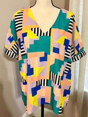 CROSBY by Mollie Burch Geometric V-Neck Tunic in Teal, Peach & Yellow